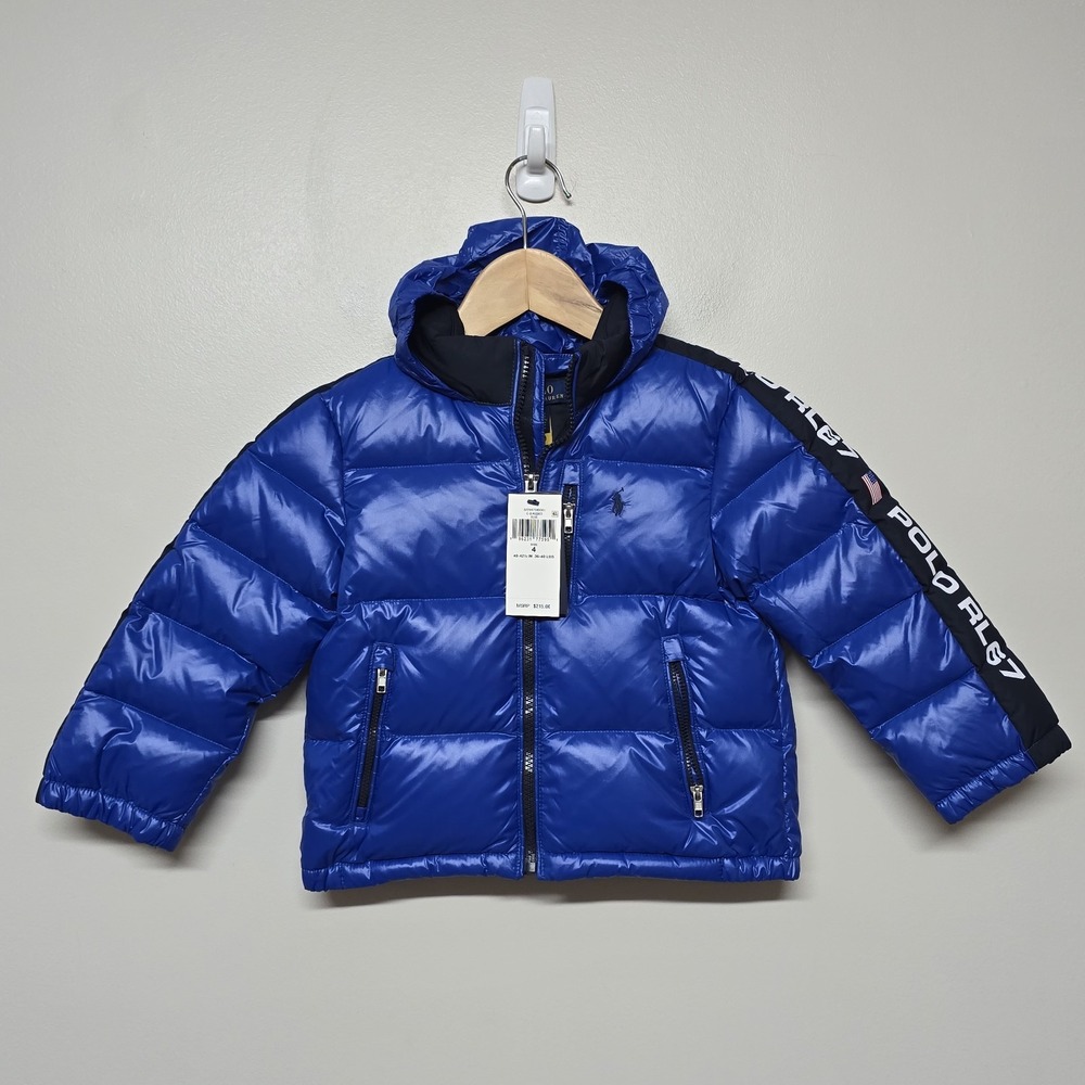 Polo Ralph Lauren Boys Logo Down‎ Puffer Jacket Blue Hooded Size 4 NWT $215
